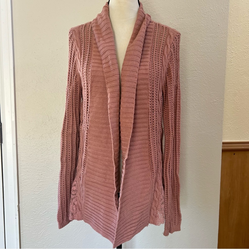 Garnet Hill salmon pink open cardigan lace inserts